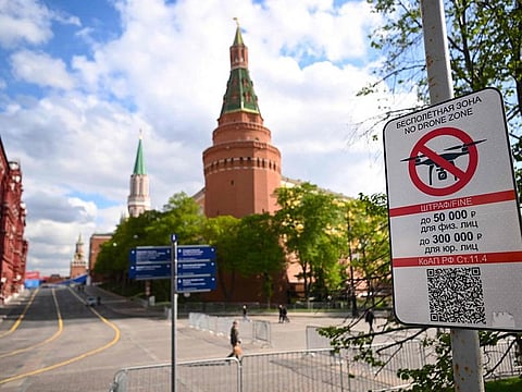 A 'No Drone Zone' sign sits just off the Kremlin in central Moscow as it prohibits unmanned aerial vehicles (drones) flying over the area, on May 3, 2023. Moscow's mayor on Wednesday announced a ban on unauthorised drone flights over the Russian capital, just as the Kremlin said it had shot down two Ukrainian drones targeting President Vladimir Putin.