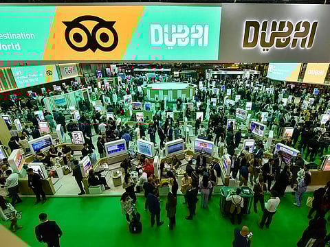 Visitors during the Arabian Travel Market 2023 at Dubai World Trade Centre in Dubai.