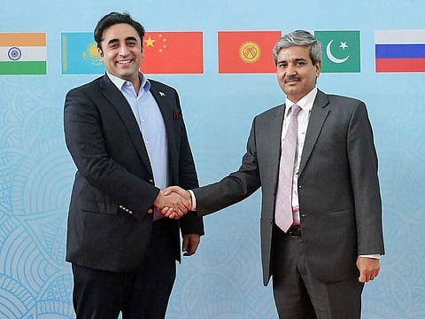 Pakistan Foreign Minister Bilawal Bhutto during a photo session as he arrives to attend the Shanghai Cooperation Organisation (SCO) Foreign Ministers' meeting, at Dabolim International Airport in Goa, India on Thursday.