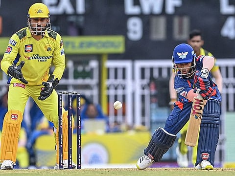Lucknow Super Giants' Ayush Badoni negotiating the Chennai spinners with a copybook defence in Lucknow on Wednesday.