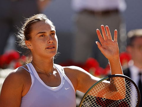 Belarus' Aryna Sabalenka celebrates winning her semifinal against Greece's Maria Sakkari in Madrid.