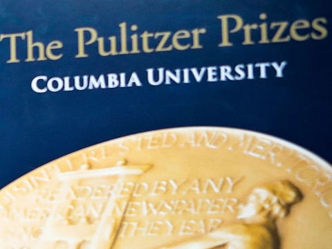 A sign for the Pulitzer Prize is shown at Columbia University, Tuesday May 28, 2019, in New York.