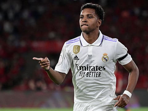 Real Madrid's Brazilian forward Rodrygo celebrates after scoring his team's second goal during the Spanish Copa del Rey.