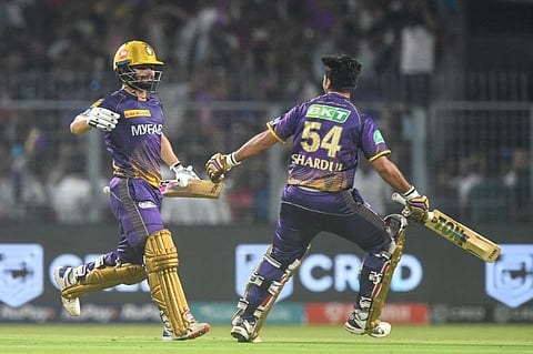 Kolkata Knight Riders' Rinku Singh (left) celebrates with Shardul Thakur after winning the match against Punjab Kings.