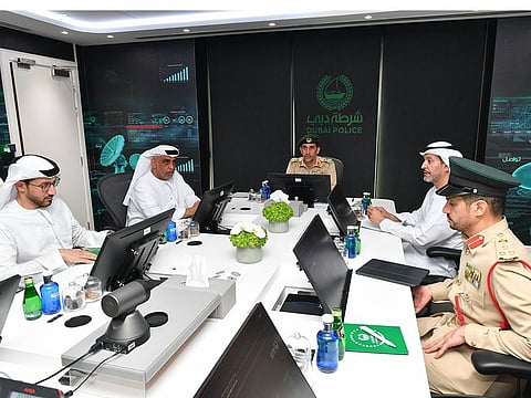 Dubai Police Chief Lt Gen Al Marri (centre) presides over the performance evaluation meeting of the General Department of Anti-Narcotics