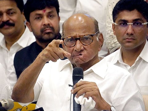 Nationalist Congress Party (NCP) leader Sharad Pawar addresses the press conference announcing his decision to withdraw his resignation as party president, in Mumbai on May 5, 2023. Any deal with the NCP for the general election will only be on his terms.