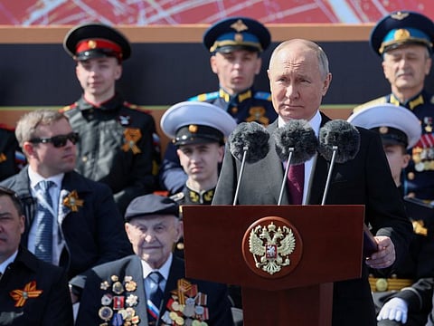 Russian President Vladimir Putin delivers a speech during a military parade on Victory Day, which marks the 78th anniversary of the victory over Nazi Germany in World War Two, in Red Square in central Moscow on May 9, 2023.
