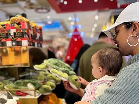 Priyanka Chopra Jonas with her daughter Malti Marie at a store in New York.