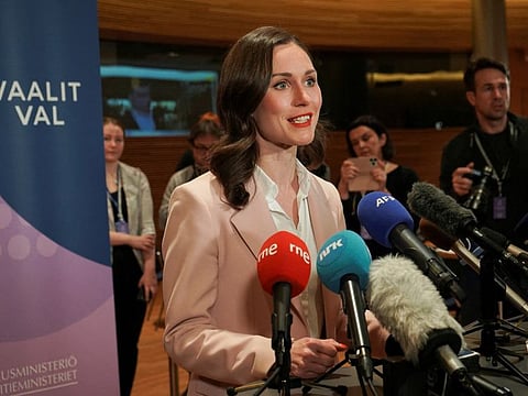 FILE PHOTO: Finland's Prime Minister and Social Democrats leader Sanna Marin speaks during a news conference at the parliament on the day of the parliamentary elections, in Helsinki, Finland April 2, 2023.  REUTERS/Essi Lehto/File Photo