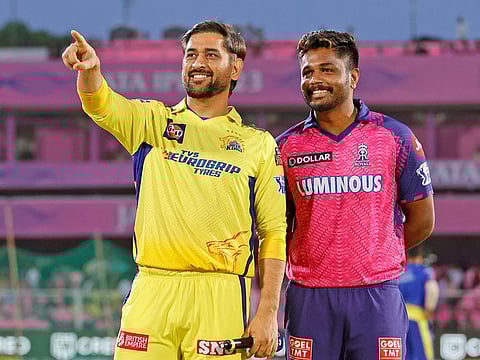 Chennai Super Kings skipper MS Dhoni and Rajasthan Royals skipper Sanju Samson at the toss ahead of their match.