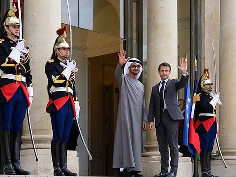 UAE President His Highness Sheikh Mohamed bin Zayed and Emmanuel Macron, President of France, stand for a photograph prior to a meeting, at the Elysee Palace.