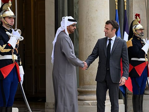 UAE President His Highness Sheikh Mohamed bin Zayed  is received by Emmanuel Macron, President of France, prior to a meeting at the Elysee Palace.