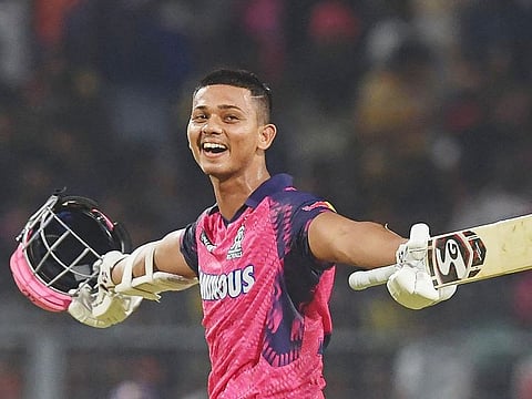 Rajasthan Royals' Yashasvi Jaiswal celebrates after winning the IPL match against Kolkata Knight Riders at the Eden Gardens Stadium in Kolkata on May 11, 2023.