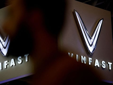 The logo of Vinfast is pictured at the 2022 Paris Auto Show in Paris, France October 18, 2022.
