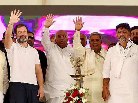 Congress president Mallikarjun Kharge with party leaders Rahul Gandhi, DK Shivakumar, and Siddaramaiah