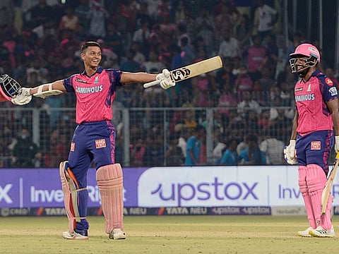 Yashasvi Jaiswal celebrates after hitting the winning runs for Rajasthan Royals against Kolkata Knight Riders at Eden Gardens on Thursday.