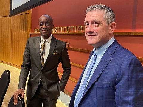Federal Reserve Governor Philip Jefferson and St. Louis Fed President James Bullard prepare to speak at a monetary policy conference, at the Hoover Institution, in Palo Alto, California.