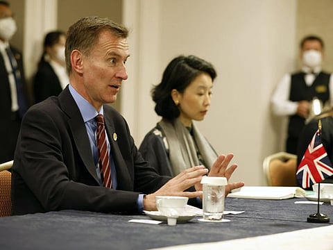 Jeremy Hunt, UK chancellor of the exchequer, left, during a bilateral meeting with Janet Yellen, US Treasury secretary on the sidelines of the Group of Seven (G-7) finance ministers and central bank governors meeting in Niigata.