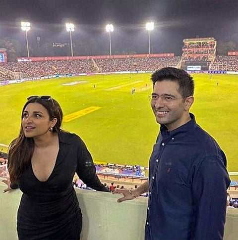 File photo of Bollywood actress Parineeti Chopra with Indian member of parliament Raghav Chadha during an IPL 2023 match at Mohali, on May 9.