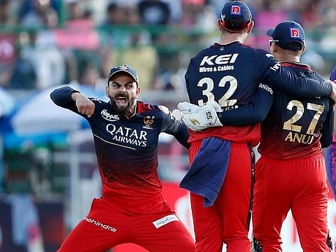 Royal Challengers Bangalore's Virat Kohli celebrates a wicket of Rajasthan Royals in a match of the Indian Premier League 2023, at Sawai Mansingh Stadium, in Jaipur.