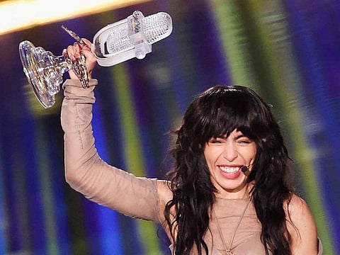 Loreen from Sweden holds her trophy after winning the 2023 Eurovision song contest, in Liverpool, Britain, May 14, 2023.