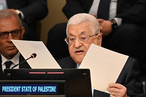 Abbas speaks during a high-level event to commemorate the 75th anniversary of the Nakba at the United Nations headquarters in New York.