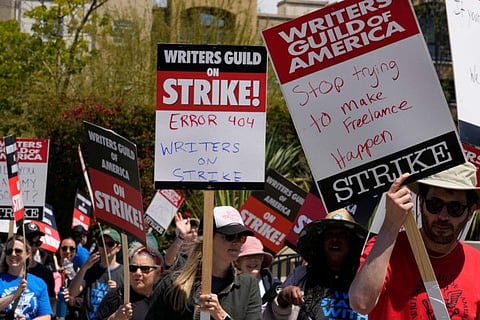Members of the Writers Guild of America, WGA picket outside CBS Television City in the Fairfax District of Los Angeles.