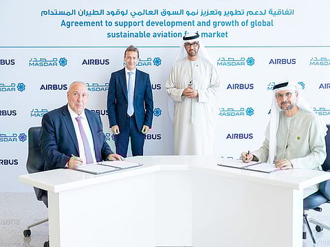 The Masdar-Airbus deal will also apply to the development of 'direct air capture' technologies as well as green hydrogen. Dr Sultan Ahmed Al Jaber, UAE Minister of Industry and Advanced Technology, Chairman of Masdar and COP28 President-Designate pictured at the signing with Masdar and Airbus officials.