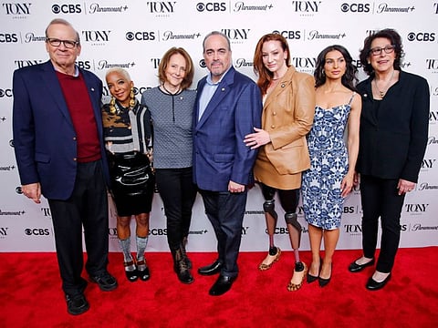 Barry Grove, Kara Young, Jo Bonney, David Zayas, Katy Sullivan, Martyna Majok and Lynne Meadow arrive for the 76th Annual Tony Awards meet the nominees press event in New York.
