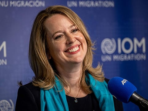 Amy Pope after being elected as new UN migration chief in Geneva, on May 15, 2023.