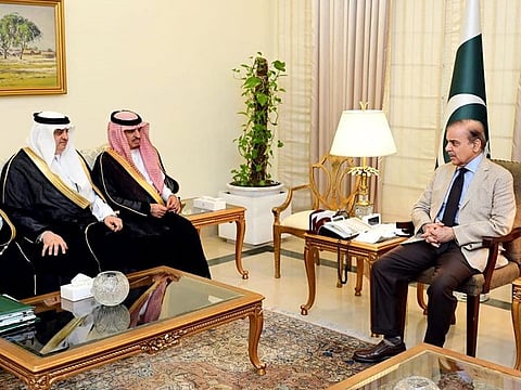 Saudi Deputy Interior Minister Dr. Nasser bin Abdul Aziz Al Dawood and Saudi Ambassador Nawaf bin Said Al Malki in a meeting with Pakistani Prime Minister Shehbaz Sharif in Islamabad on May 17, 2023.