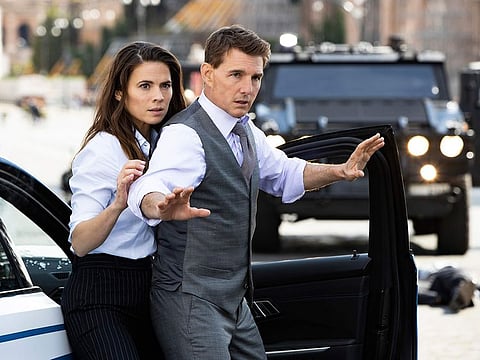 This image released by Paramount Pictures shows Hayley Atwell, left, and Tom Cruise in "Mission: Impossible Dead Reckoning - Part One."