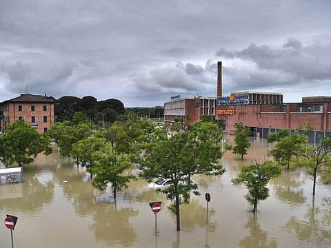 A picture taken in Cesena on May 17, 2023 shows a flooded supermarket area after heavy rains have caused major floodings in central Italy, where trains were stopped and schools were closed in many towns while people were asked to leave the ground floors of their homes and to avoid going out.