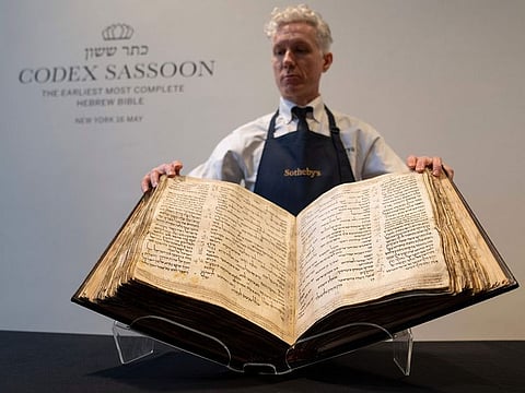 Sotheby's unveils the Codex Sassoon for auction, Wednesday, Feb. 15, 2023, in the Manhattan borough of New York.