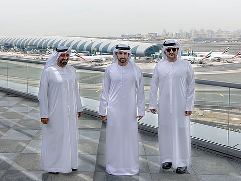 Sheikh Hamdan and Sheikh Maktoum with Sheikh Ahmed at the Emirates headquarters.