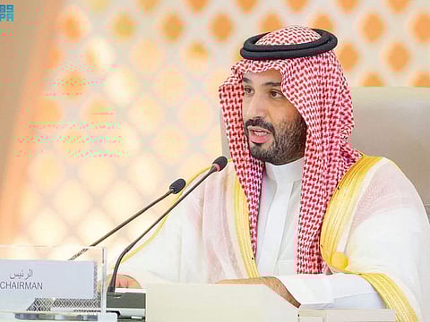 Saudi Arabia's Crown Prince Mohammed bin Salman addressing the Arab summit, in Jeddah on May 19, 2023.