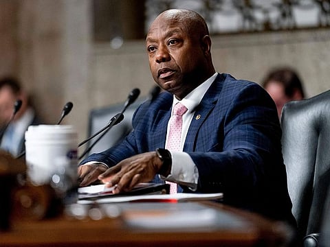 Sen. Tim Scott, R-S.C., speaks as Treasury Secretary Janet Yellen and Federal Reserve Chairman Jerome Powell testify during a Senate Banking Committee hearing on Capitol Hill in Washington, Nov. 30, 2021.