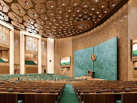 A view of the newly-constructed Parliament building which is set to inaugurated by Prime Minister Narendra Modi on May 28, in New Delhi