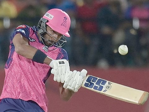 Rajasthan Royals' Devdutt Padikkal plays a shot during the IPL match against Punjab Kings at the Himachal Pradesh Cricket Association Stadium in Dharamsala on May 19, 2023.