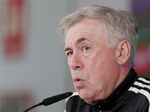 Real Madrid's coach Carlo Ancelotti attends a press conference at the Real Madrid City training complex in Valdebebas, outskirts of Madrid on May 20, 2023.