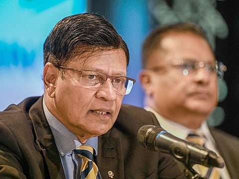 Sri Lanka Cricket Secretary Mohan de Silva (L) speaks next to President of Sri lanka Cricket Shammi Silva during a press conference in Colombo on May 20, 2023.
