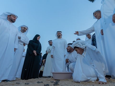Sheik Sultan bin Ahmed along with Sharjah government officials releasing sea turtles during the Sir Bu Nair island festival on Friday
