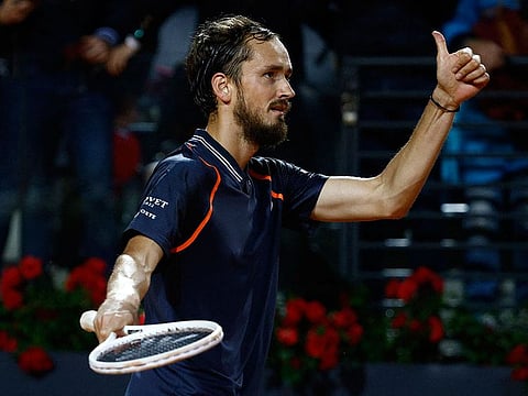 Russia's Daniil Medvedev celebrates winning his semi final match against Greece's Stefanos Tsitsipas .