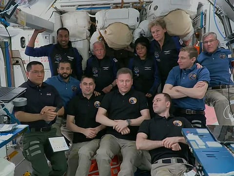 Sultan Al Neyadi and his fellow ISS crew members greet the Ax-2 crew, which includes Saudi astronauts Ali Alqarni and Rayyanah Barnawi.