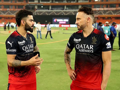 Virat Kohli and Faf du Plessis of the Royal Challengers Bangalore after the Tata Indian Premier League match against the Sunrisers Hyderabad at the Rajiv Gandhi International Stadium, Hyderabad, on May 18, 2023. Their opening partnerships were a feature of RCB’s batting, which lacked depth.