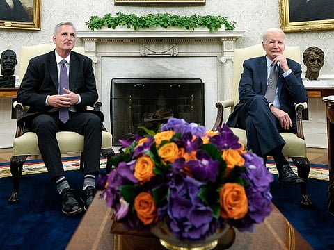 US House Speaker Kevin McCarthy, a Republican from California, left, and US President Joe Biden, during a meeting in the Oval Office of the White House in Washington, DC, on Monday.