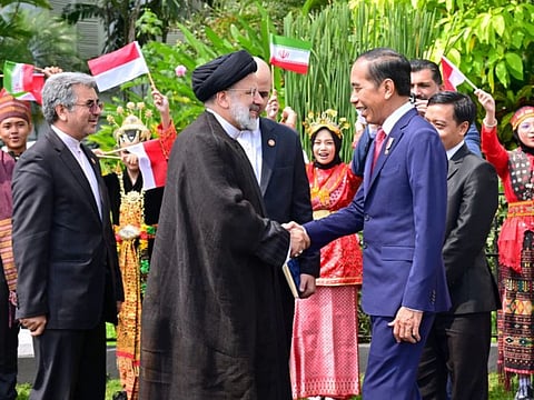 This handout picture taken and released on May 23, 2023 by the Presidential Palace shows Indonesian President Joko Widodo (front R) greeting his Iranian counterpart Ebrahim Raisi (C) as they meet at the Presidential Palace in Bogor.