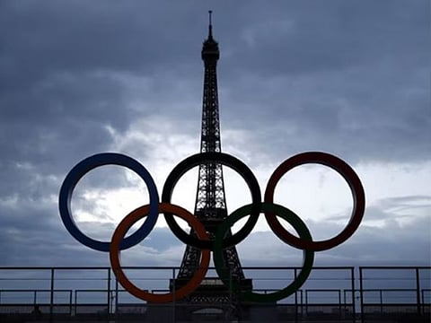 Olympic rings to celebrate the IOC official announcement that Paris won the 2024 Olympic bid are seen in front of the Eiffel Tower at the Trocadero square in Paris, France.