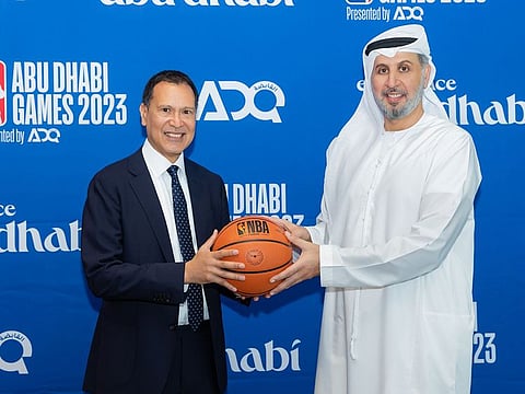 NBA Managing Director, Europe and the Middle East, Ralph Rivera (left), and ADQ Chief Operating Officer Anas Albarguthi.