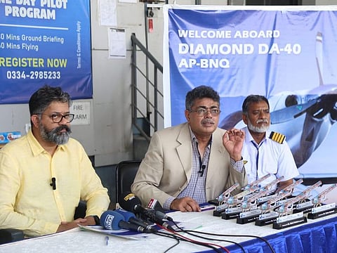 Imran Aslam Khan, Sky Wings Aviation’s chief operating officer, speaking at the launch of new aerial services in Karachi.